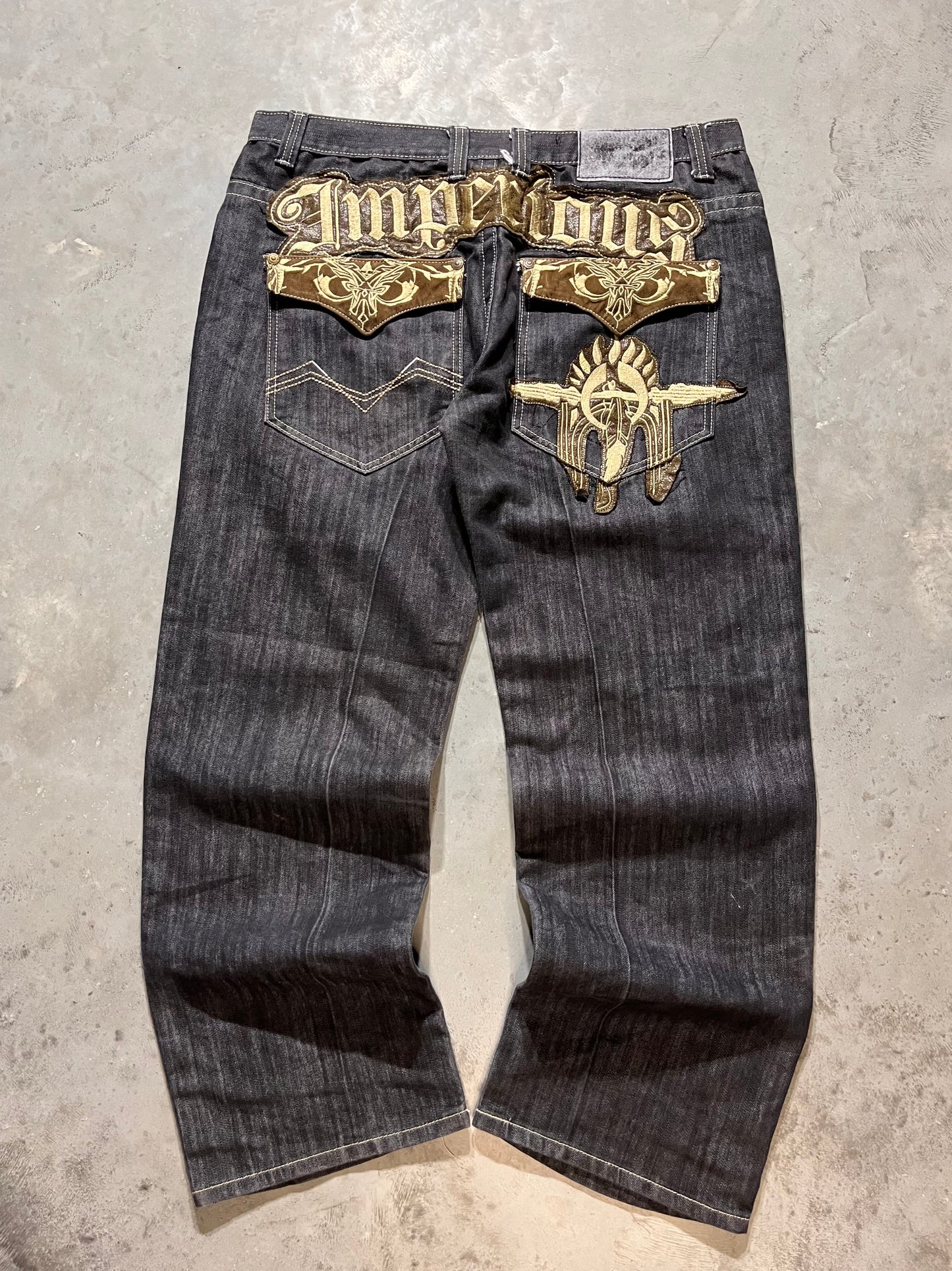 (38x30) Y2K Imperious Cross back spellout Embroidered Jeans