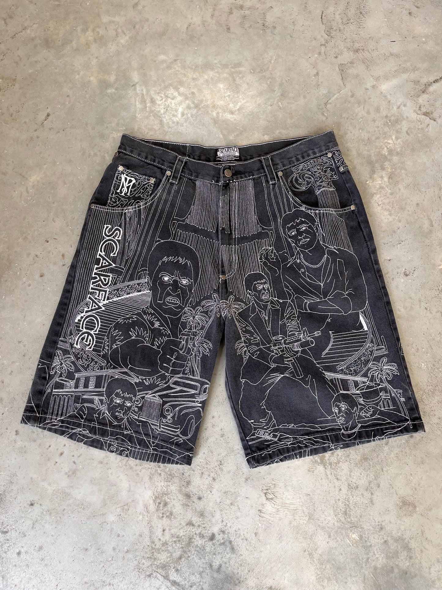 (38x11) Grail AOP embroidered Scarface jorts